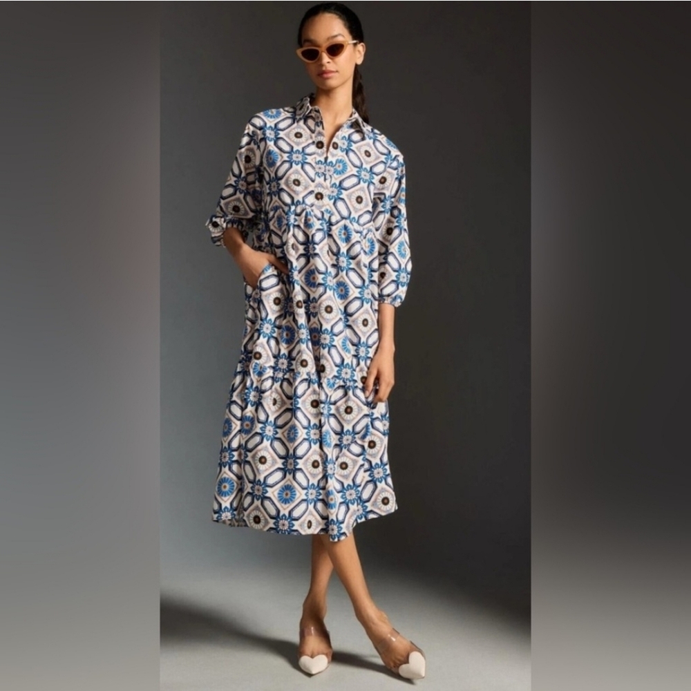 Anthropologie Maeve The Bettina in Sapphire White Tile Tiered Shirt Dress, Large - Picture 13 of 13